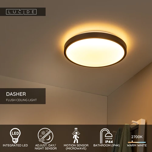 Lucide DASHER - Flush ceiling light Bathroom - Ø 41 cm - LED - 1x24W 2700K - IP44 - Motion Sensor - Black - USP